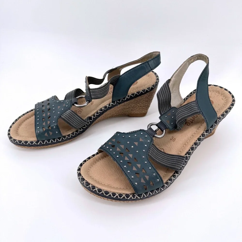 Remonte Soft Wedge Sandals Womens 38 Navy Blue Leather Laser Cut Studded Strappy
